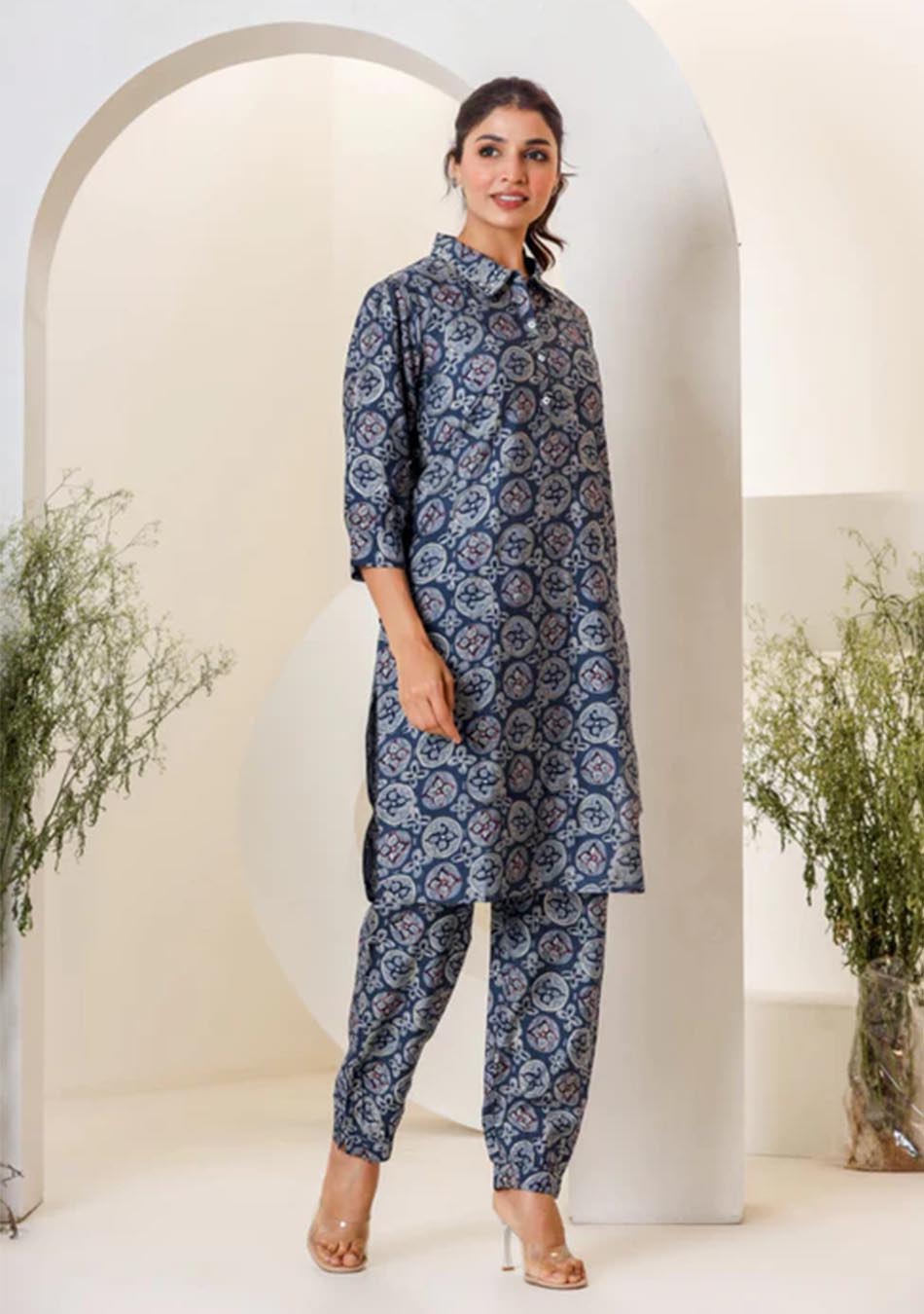 Blue Print Muslin Kurta With Hem Cuffed Pant Set