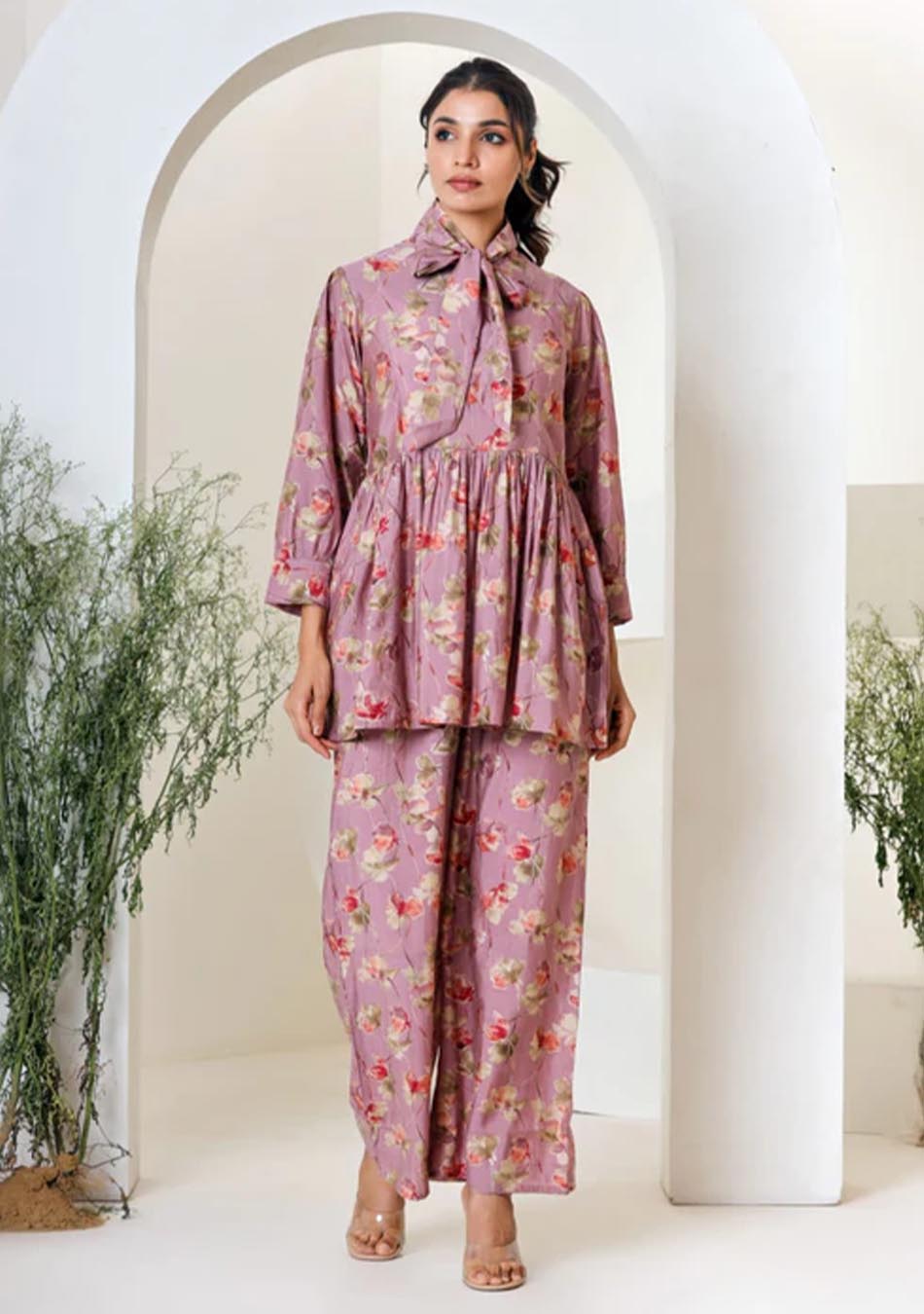 Ammanya Pink Floral Print Muslin Peplum Top With Bell-Bottom
