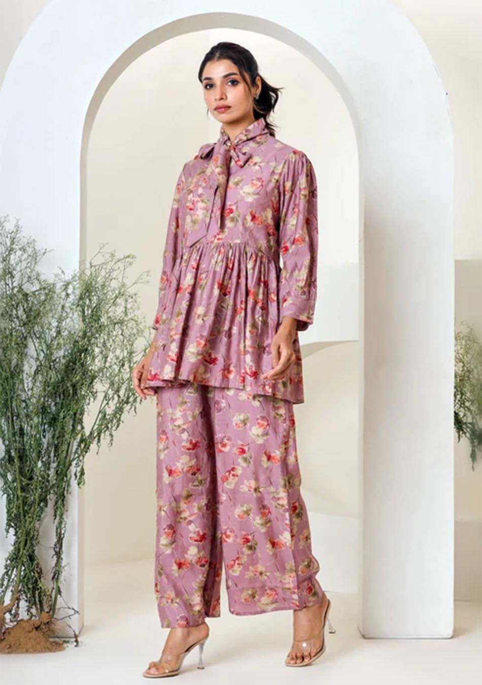 Ammanya Pink Floral Print Muslin Peplum Top With Bell-Bottom