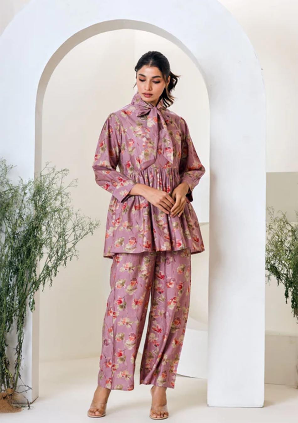 Ammanya Pink Floral Print Muslin Peplum Top With Bell-Bottom