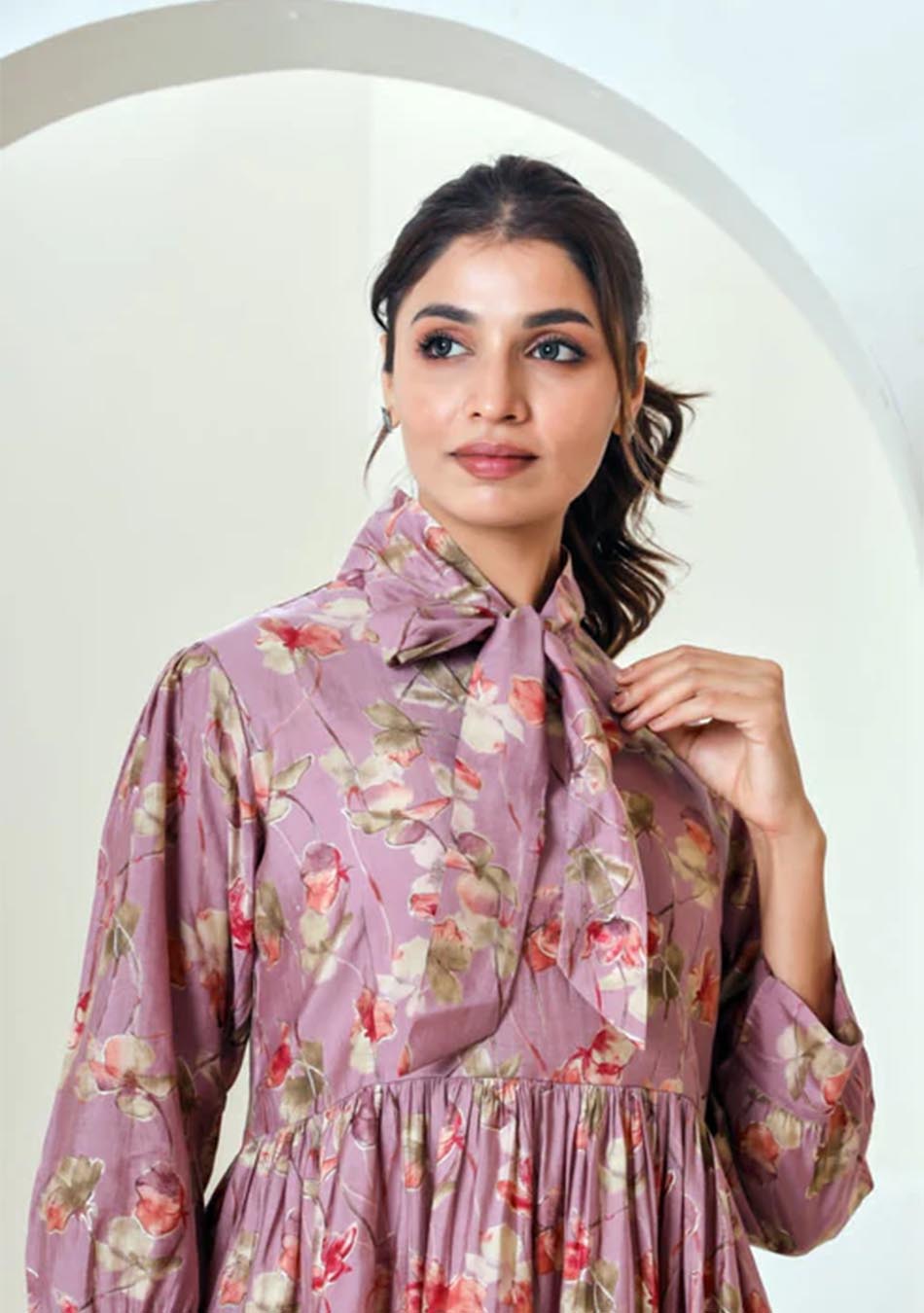 Ammanya Pink Floral Print Muslin Peplum Top With Bell-Bottom