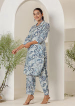 Blue  & White Print Muslin Kurta with  Hem Cuffed Pant Set