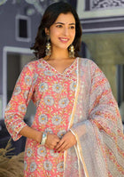 Salmon Handblock Print suit set with Kota Dupatta