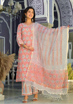 Salmon Handblock Print suit set with Kota Dupatta