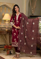 Red ruby Muslin silk Ensemble with Intricate Zari Dupatta