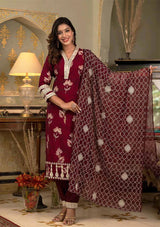 Red ruby Muslin silk Ensemble with Intricate Zari Dupatta