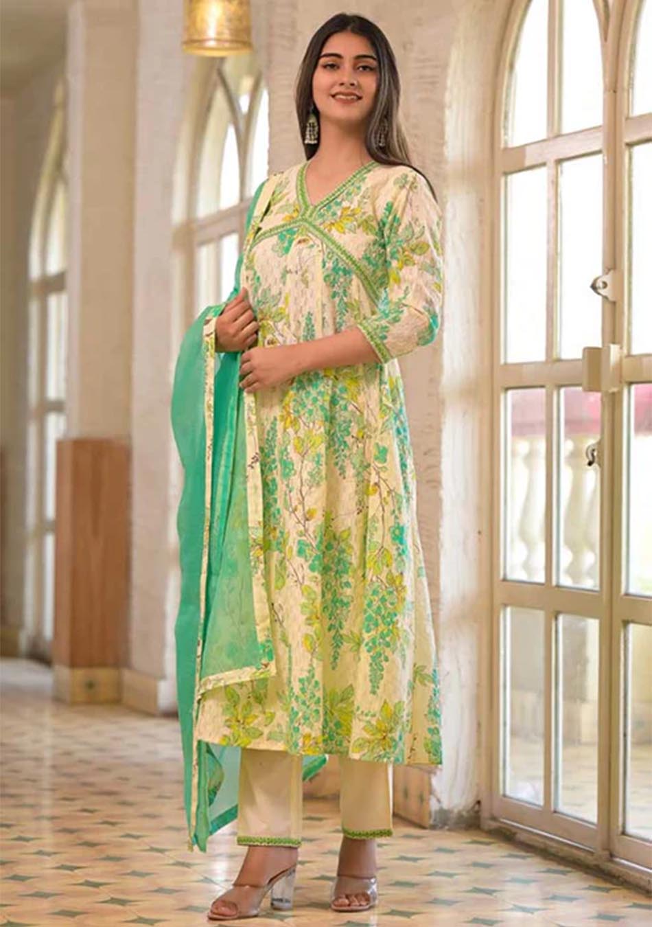 Ammanya White and Green Cotton Print Set with Dupatta