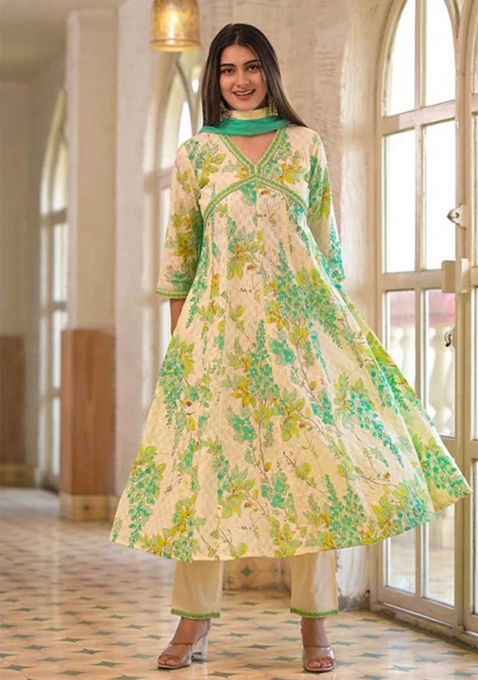 Ammanya White and Green Cotton Print Set with Dupatta