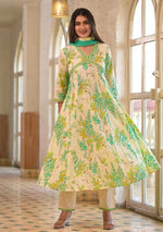 White and Green Cotton Print Set with Dupatta