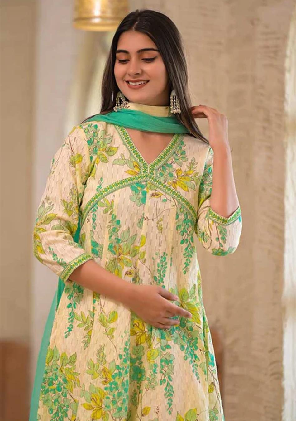 Ammanya White and Green Cotton Print Set with Dupatta