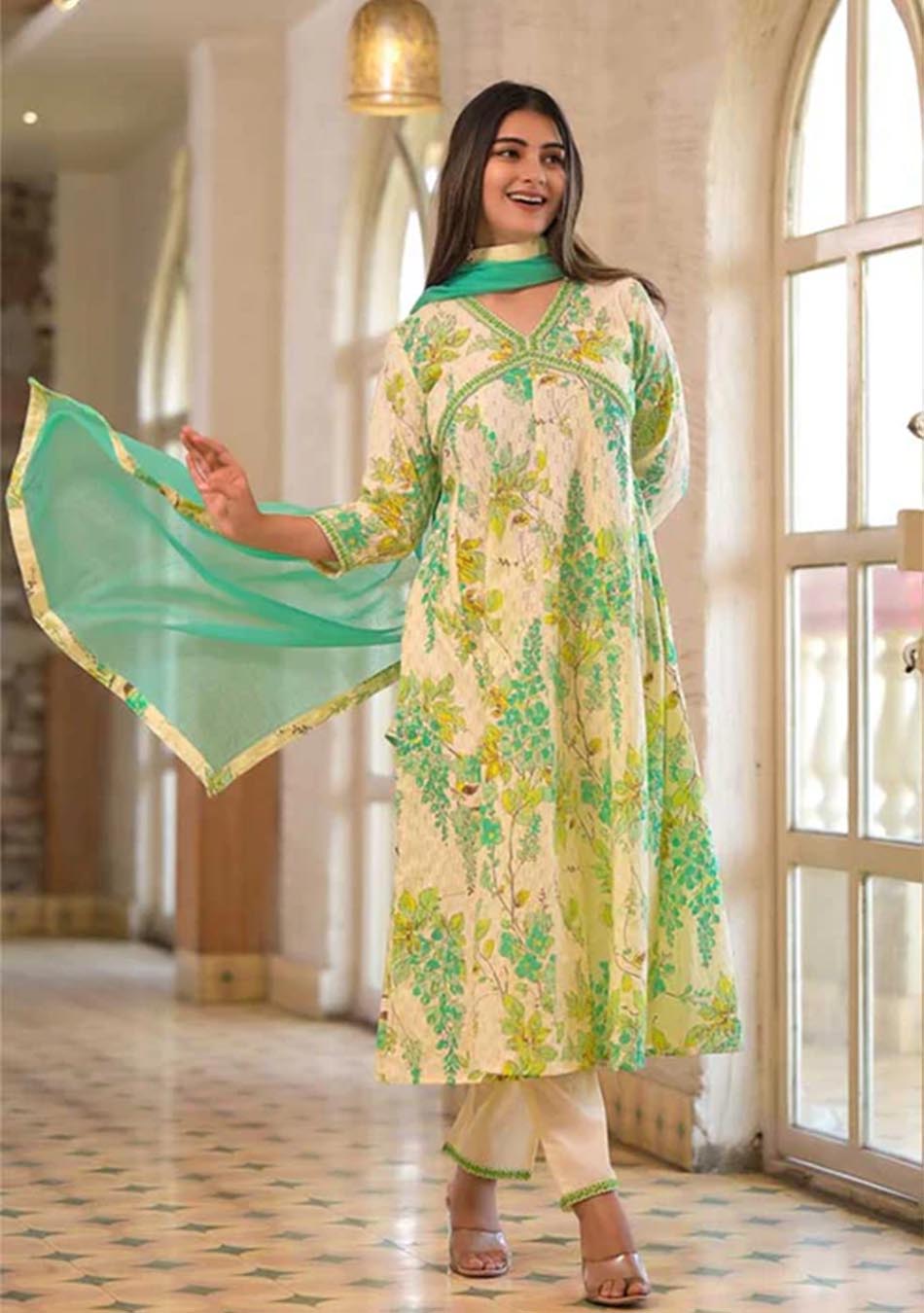 Ammanya White and Green Cotton Print Set with Dupatta