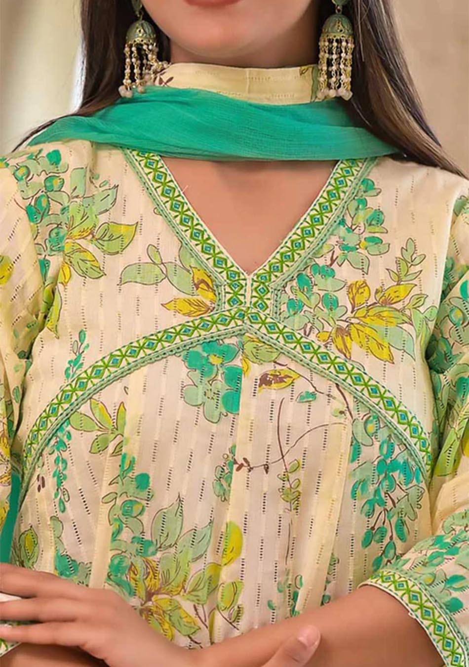 Ammanya White and Green Cotton Print Set with Dupatta