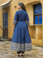 Blue Paisley Printed Cotton Anarkali Kurta Pant Set With Dupatta