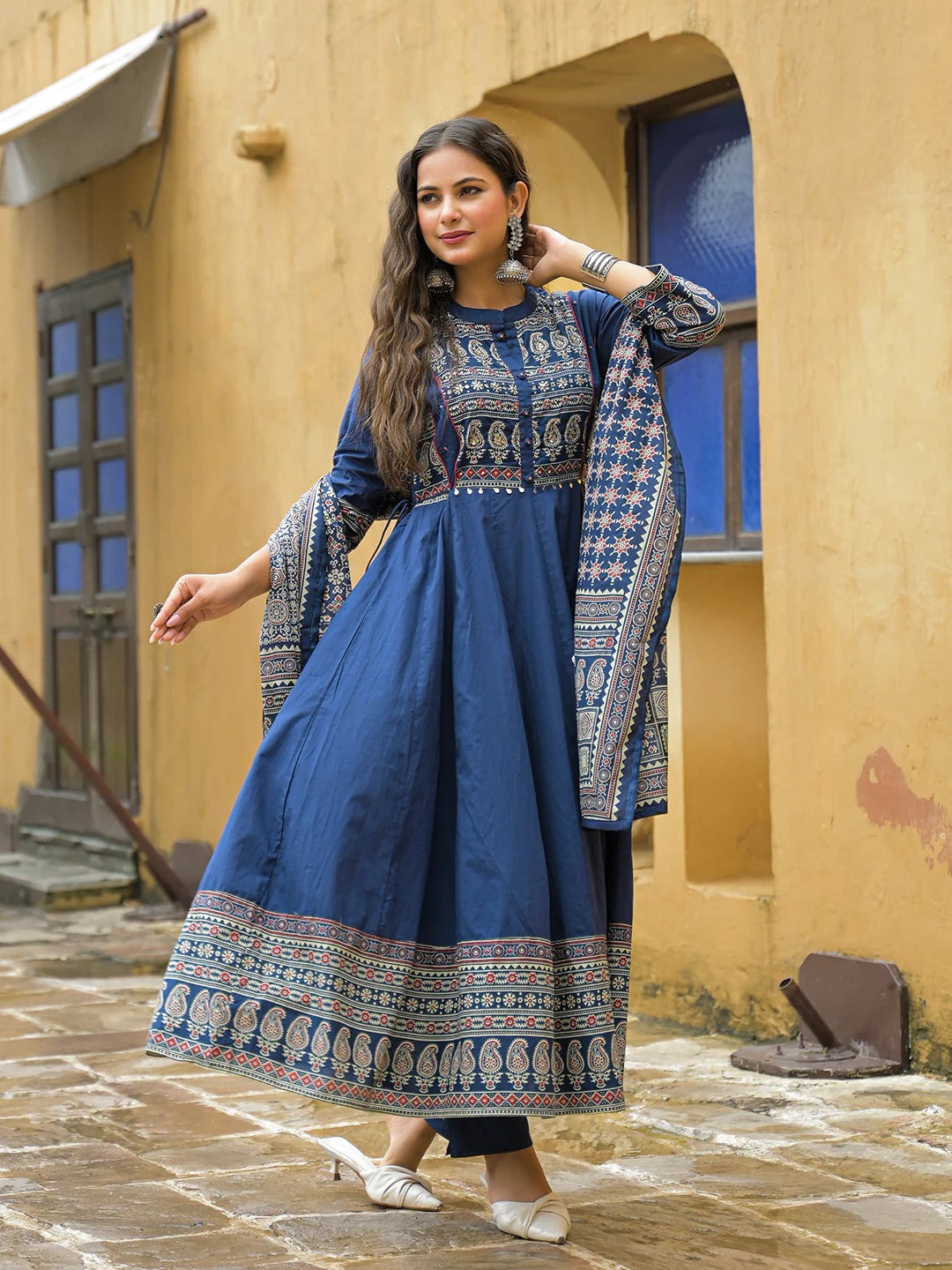 Blue Paisley Printed Cotton Anarkali Kurta Pant Set With Dupatta