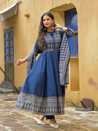Blue Paisley Printed Cotton Anarkali Kurta Pant Set With Dupatta