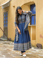 Blue Paisley Printed Cotton Anarkali Kurta Pant Set With Dupatta