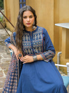 Blue Paisley Printed Cotton Anarkali Kurta Pant Set With Dupatta