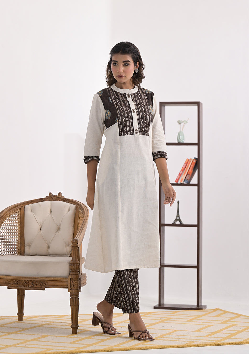 Cream Solid Kurta with Patchwork