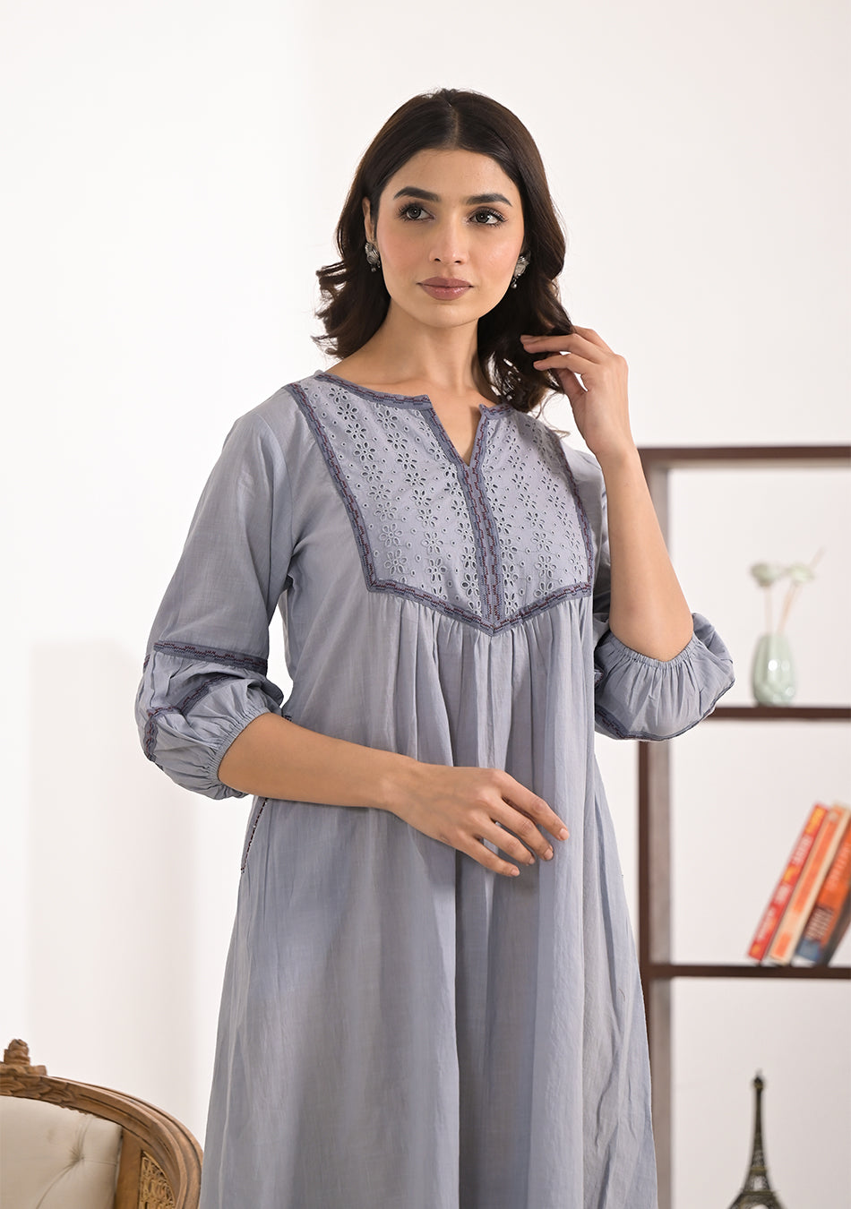 Ammanya Grey Schiffli Dress