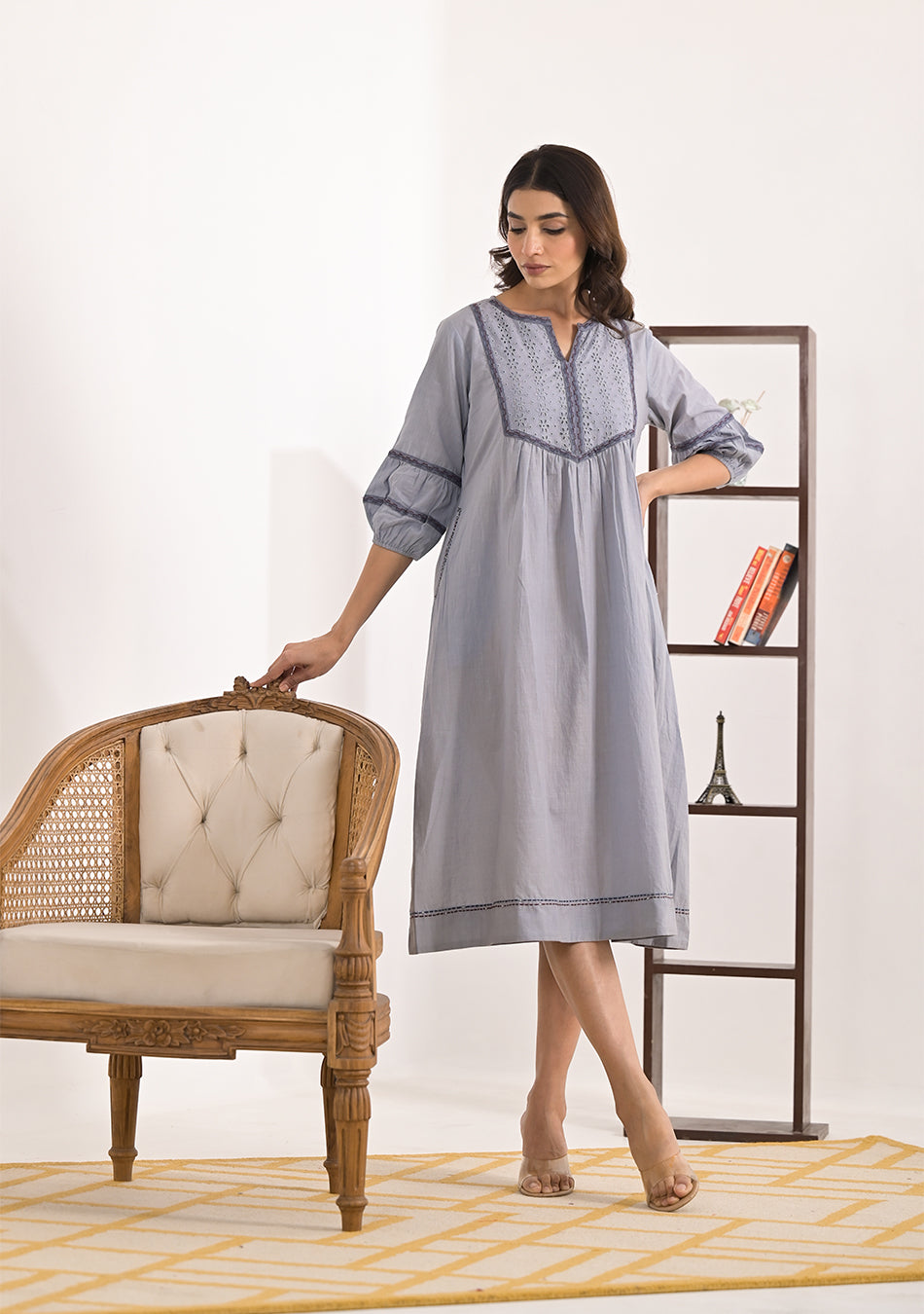Ammanya Grey Schiffli Dress