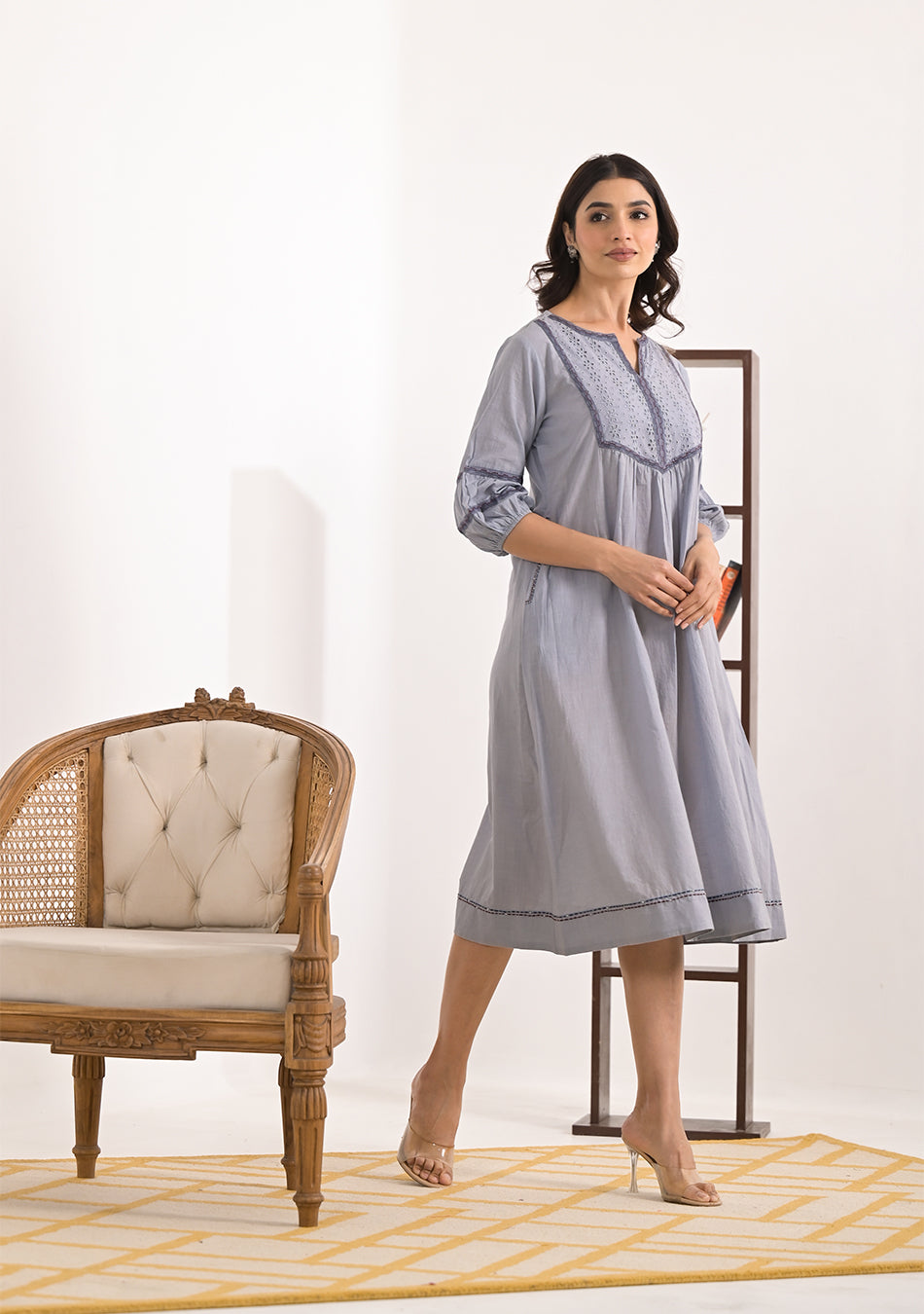 Ammanya Grey Schiffli Dress