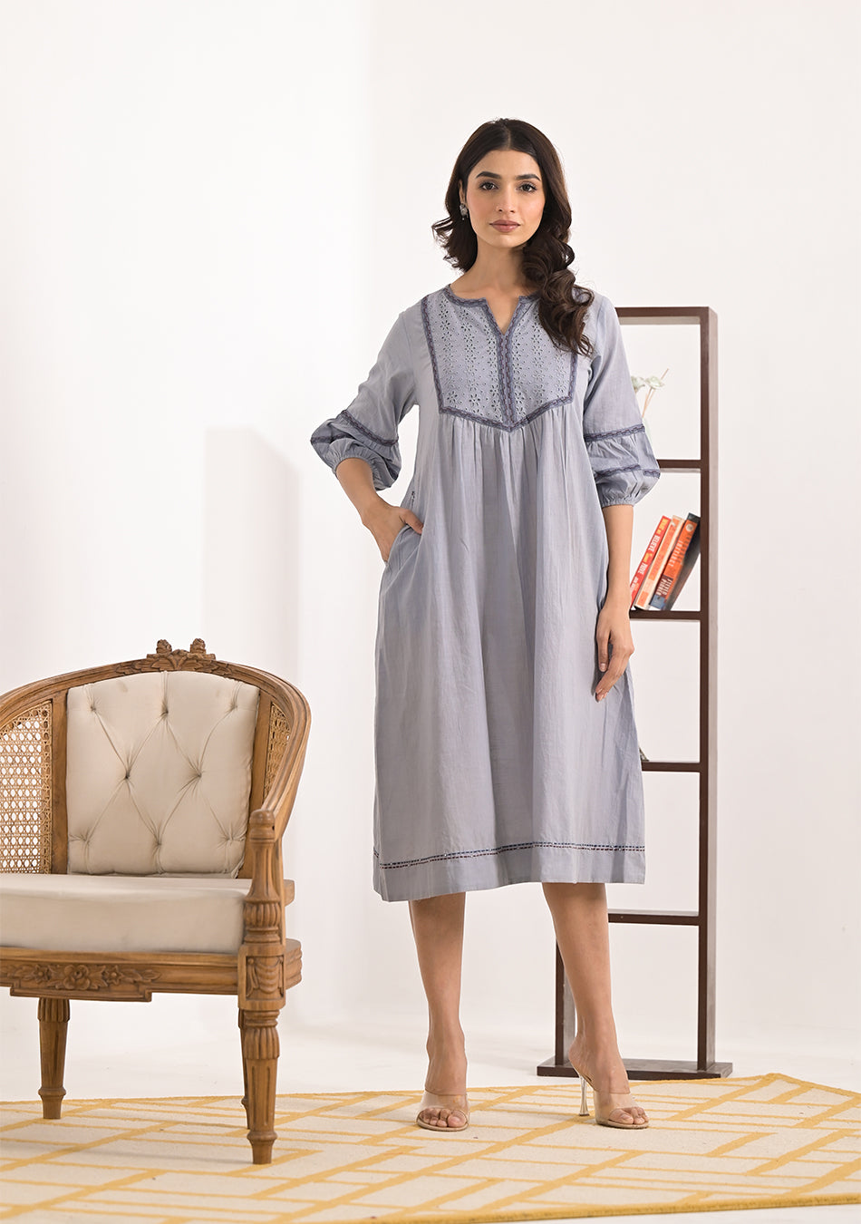 Ammanya Grey Schiffli Dress