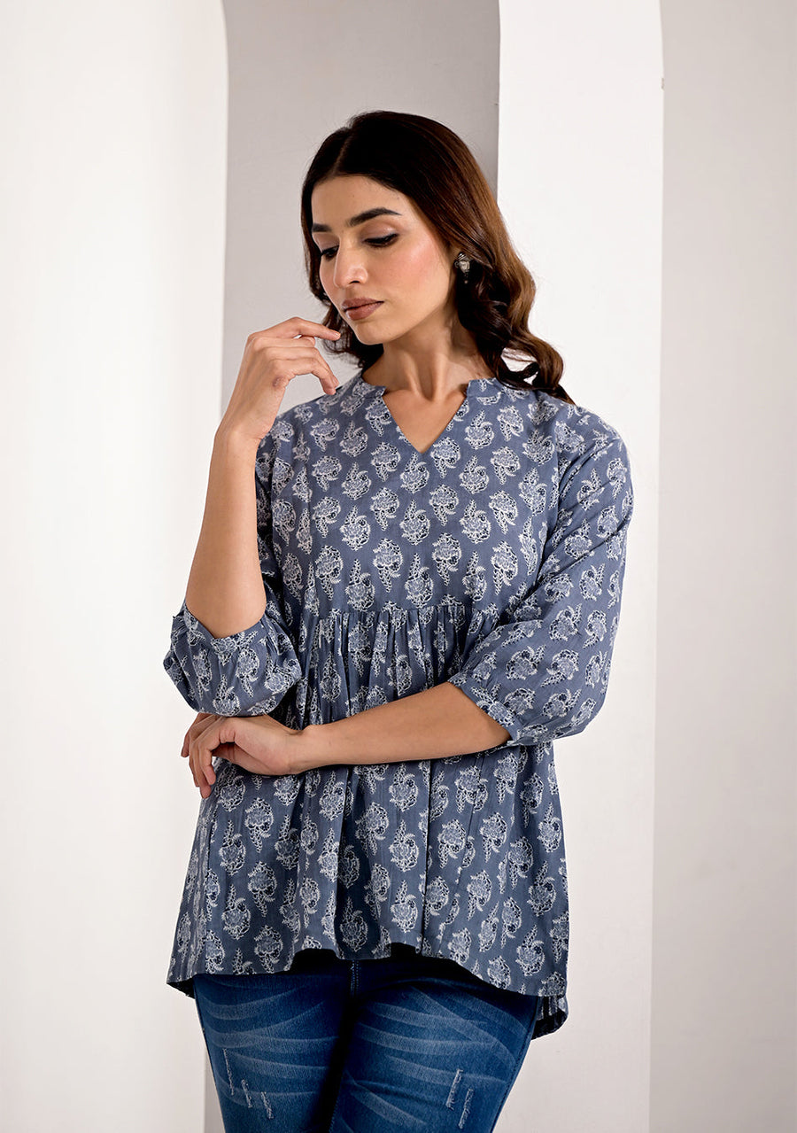 STEEL GREY PRINTED PEPLUM TOP