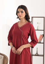 Brick Red Solid Angrakha Kurta Pant Set