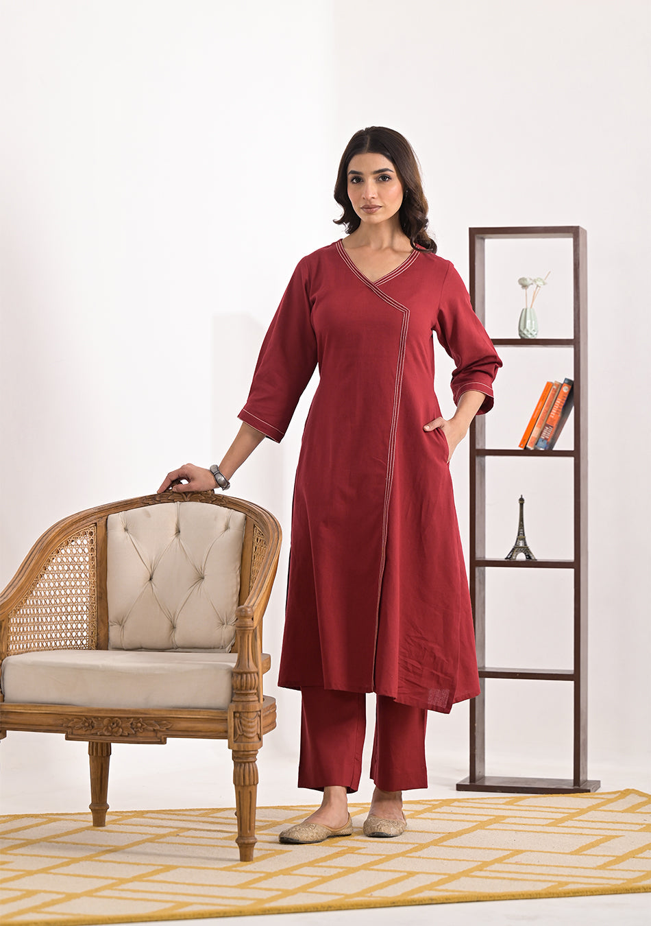 Brick Red Solid Angrakha Kurta Pant Set