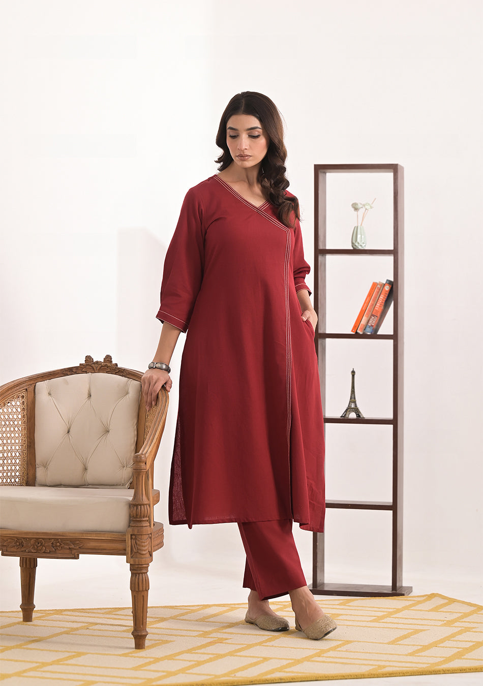 Brick Red Solid Angrakha Kurta Pant Set