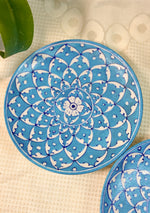 White Flowers Design Handmade Blue Pottery Decorative Platter