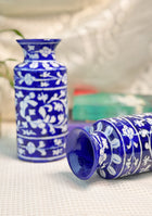 Blue Pottery White Floral Can Vase