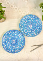 White Flowers Design Handmade Blue Pottery Decorative Platter