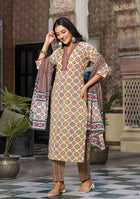 Patterned Beige and Maroon Suit With Dupatta