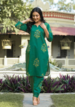 Green Hand Block And Hand Embroidery Co-ord Set