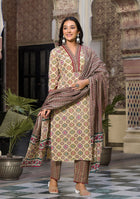 Patterned Beige and Maroon Suit With Dupatta