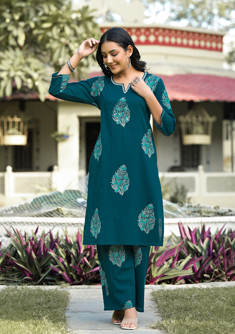 Teal Blue Hand Block Co-ord Set
