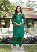 Green Hand Block And Hand Embroidery Co-ord Set