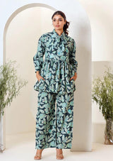 Green Floral Print Muslin Peplum Top With Bell-Bottom