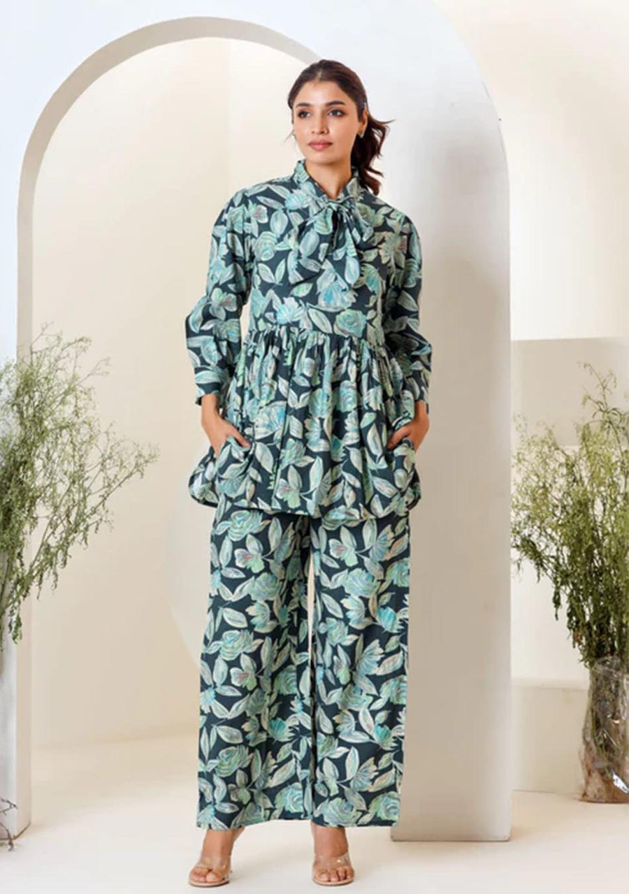 Green Floral Print Muslin Peplum Top With Bell-Bottom