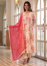 White & deep pink Cotton Print Set with Dupatta