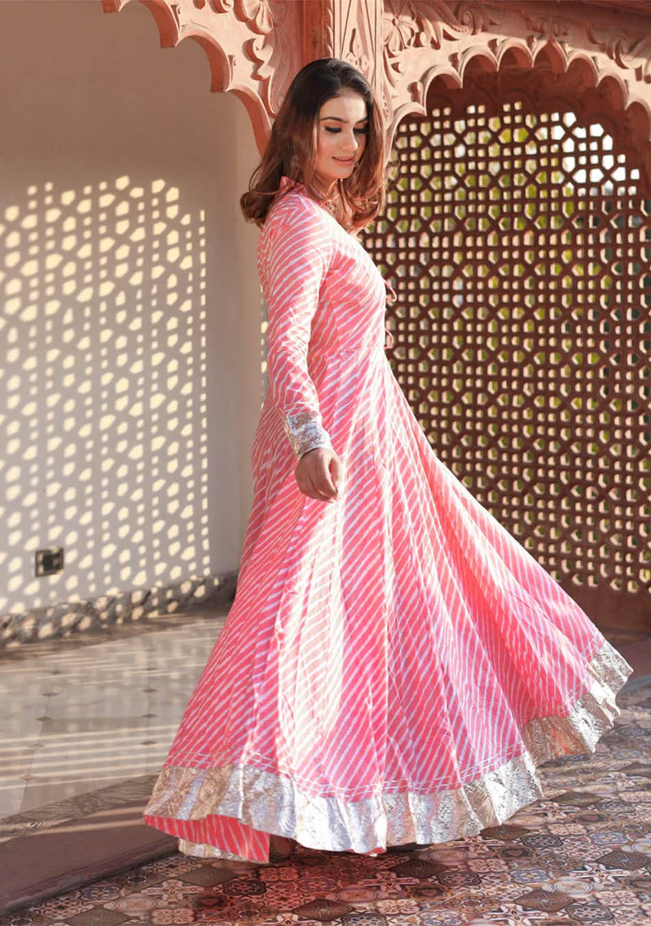 Ammanya Pink Leheriya Cotton Anarkali With Copper Lace