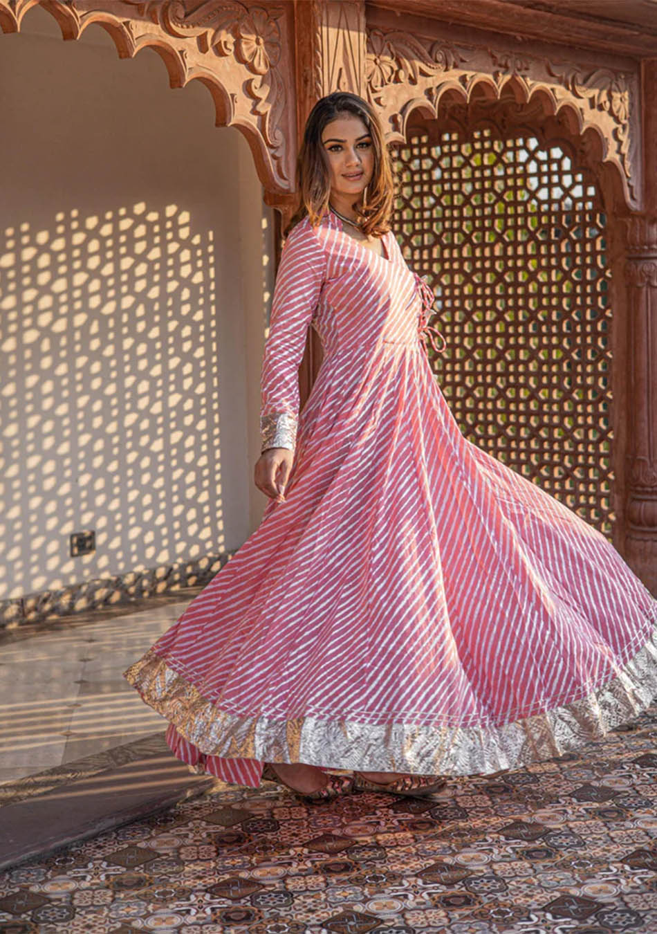 Ammanya Pink Leheriya Cotton Anarkali With Copper Lace