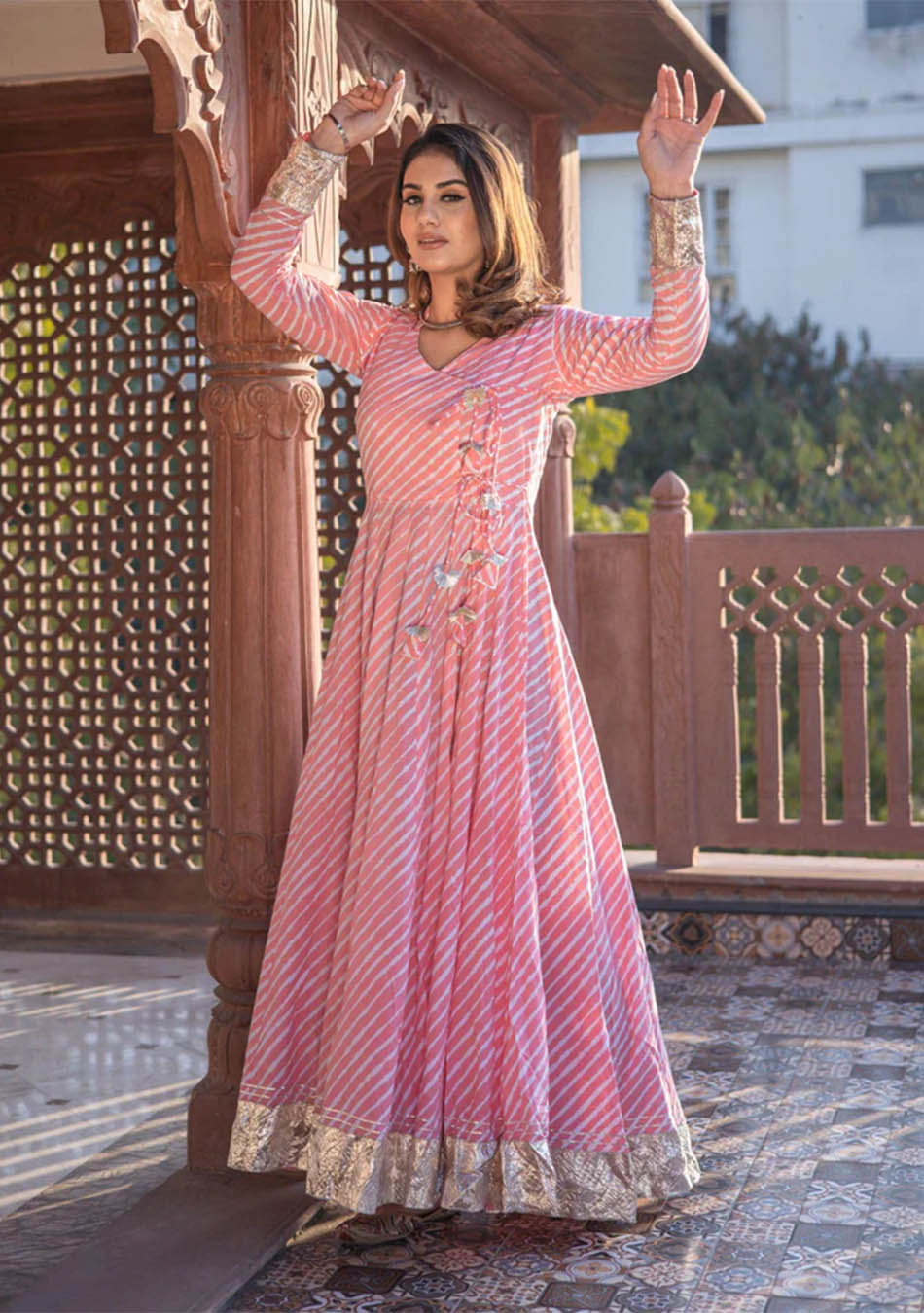 Ammanya Pink Leheriya Cotton Anarkali With Copper Lace