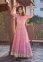 Pink Leheriya Cotton Anarkali With Copper Lace