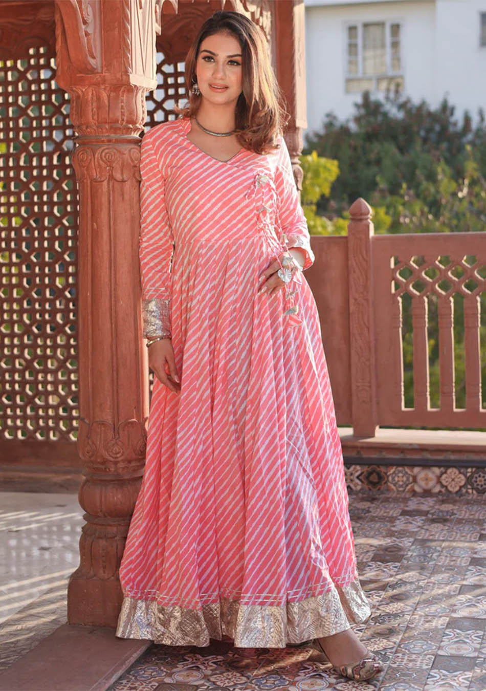 Ammanya Pink Leheriya Cotton Anarkali With Copper Lace