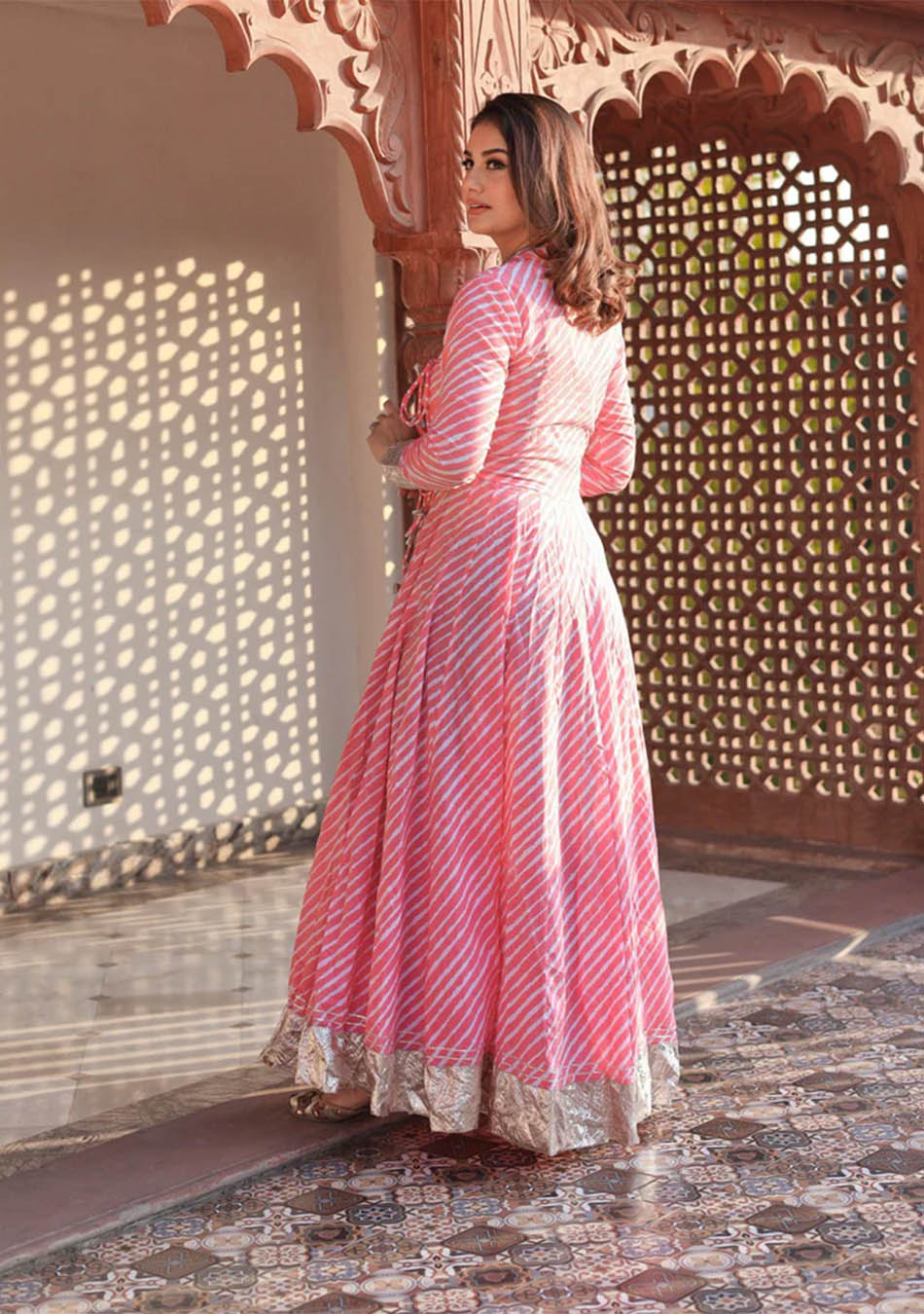 Ammanya Pink Leheriya Cotton Anarkali With Copper Lace