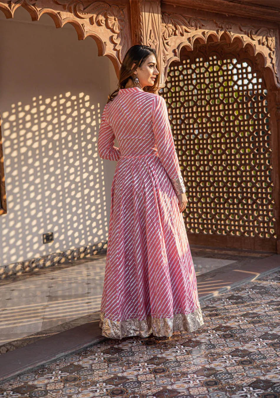 Ammanya Pink Leheriya Cotton Anarkali With Copper Lace