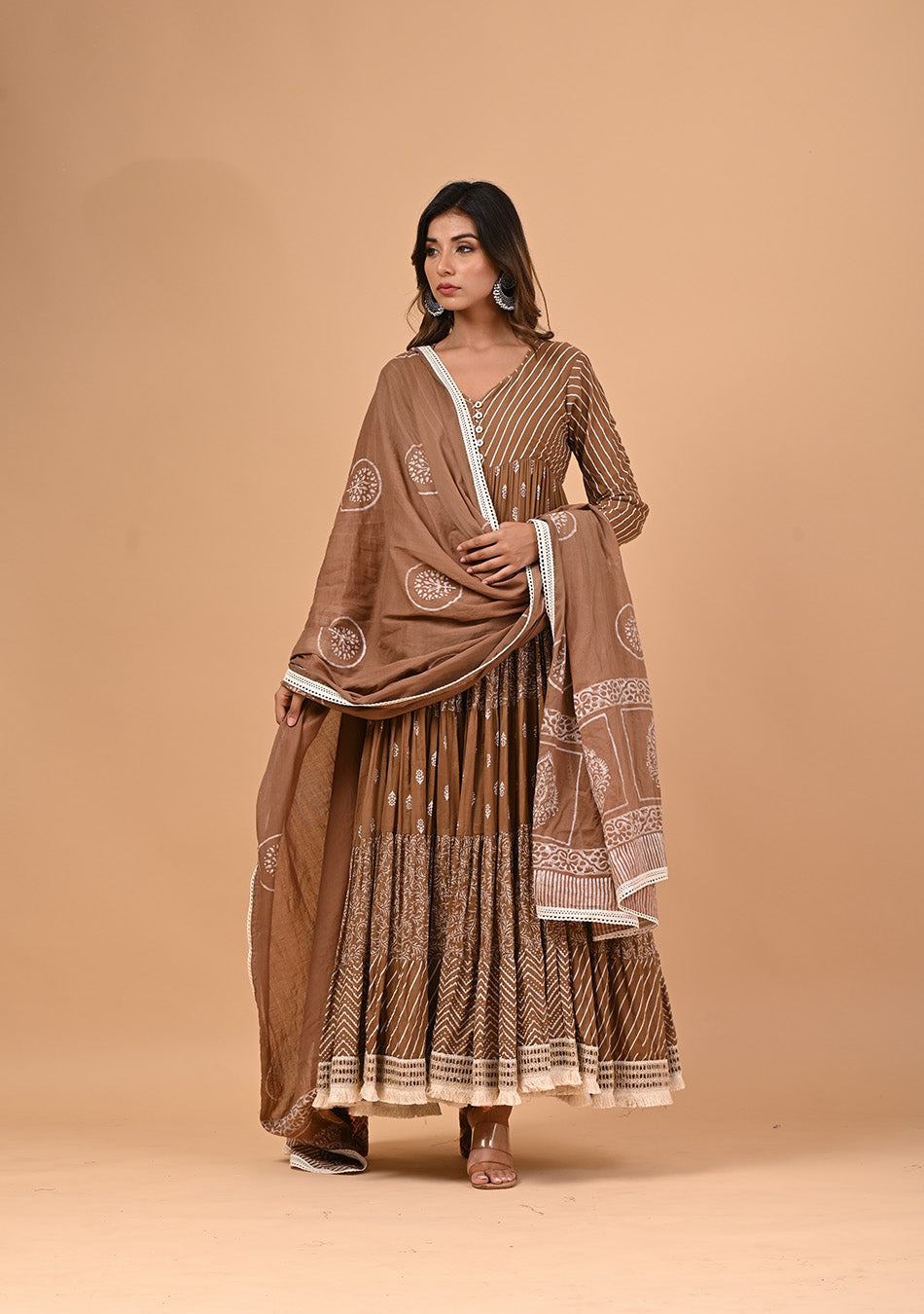 Brown Anarkali with Khadi Print and Dupatta