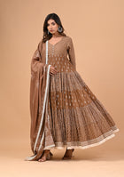 Brown Anarkali with Khadi Print and Dupatta